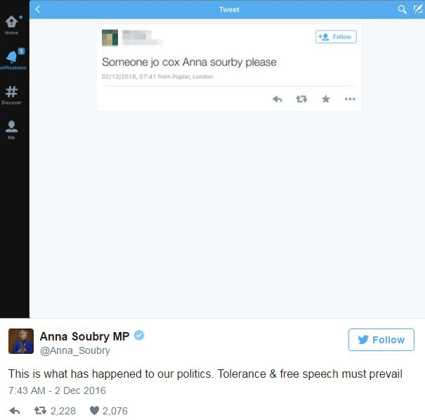  Ms Soubry posted a screenshot of the message and called the person a 'sad cowardly troll'