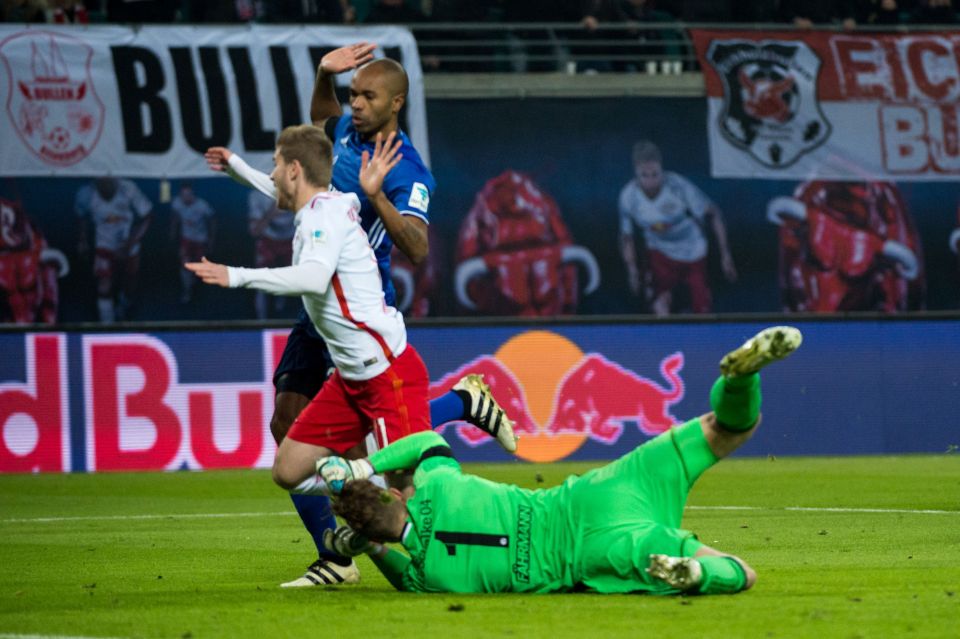  RB Leipzig striker Timo Werner dives to win a penalty against Schalke