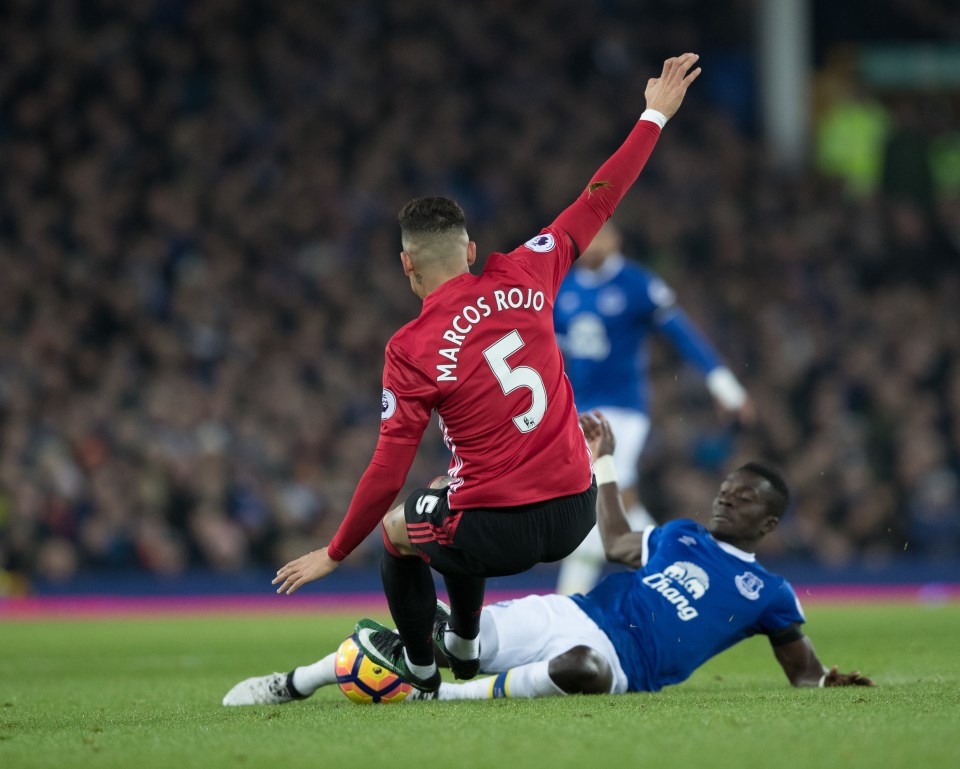 Marcos Rojo makes a two footed lunge on Everton's 