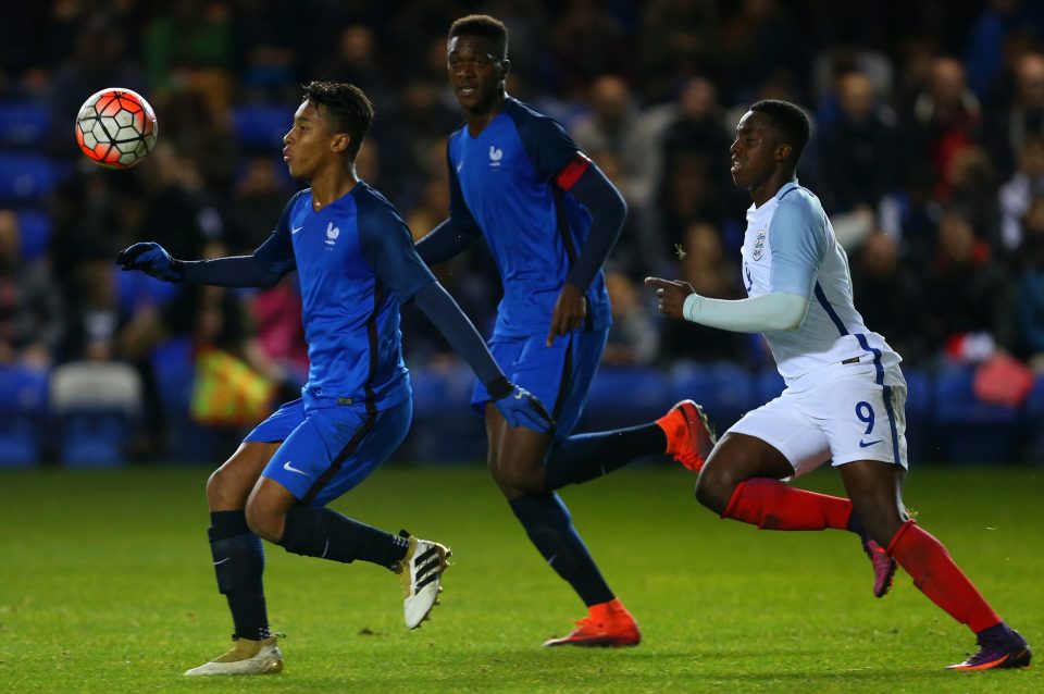 PETERBOROUGH, ENGLAND - NOVEMBER 14: Boubacar Kamara of France U18 and Niall Ennis of England U18 during the U18 International Friendly match between England and France at London Road Stadium on November 14, 2016 in Peterborough, England. (Photo by Catherine Ivill - AMA/Getty Images) *** Local Caption *** Boubacar Kamara;Niall Ennis