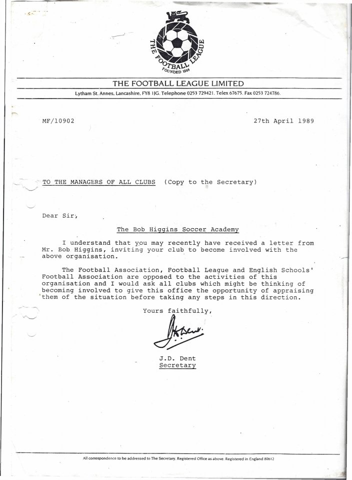  The Football League letter sent to clubs in 1989 advising them not to work with Bob Higgins