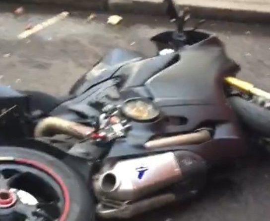  The pair are forced to dump the £20,000 Ducati on its side