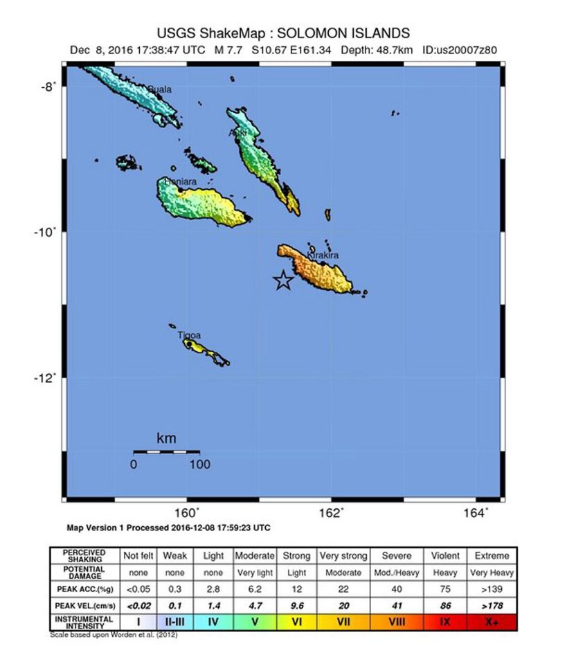  The 7.7 magnitude earthquake hit off the coast of the Soloman Islands this afternoon