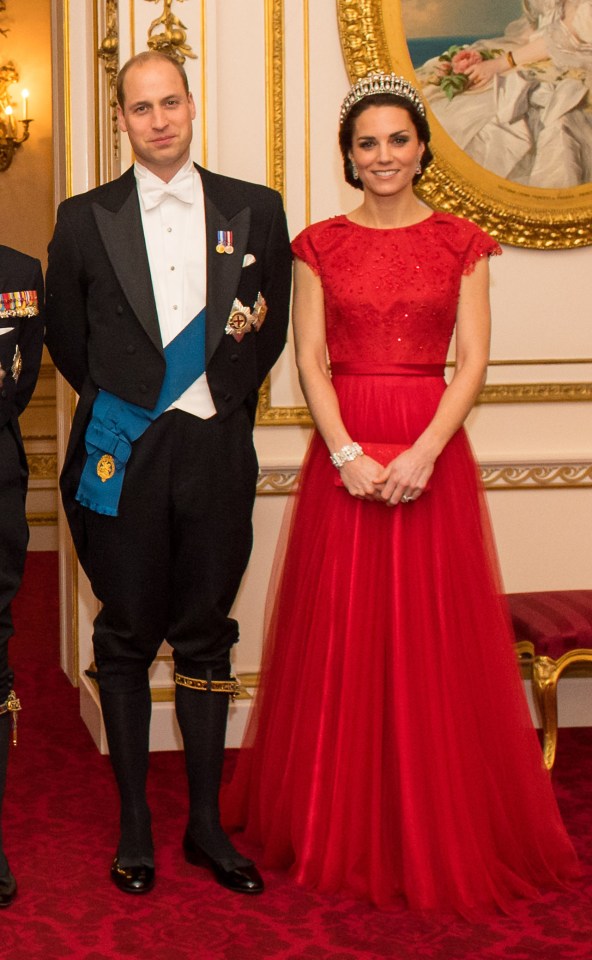 Kate recycled a scarlet Jenny Packham gown for the annual event while William wore knee breeches and a garter sash 