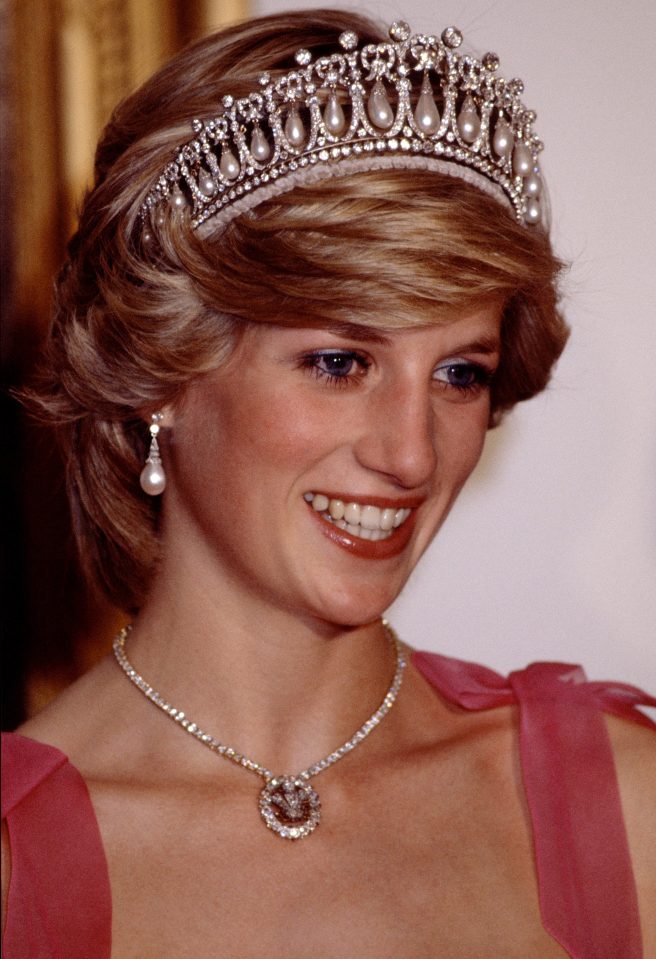 Princess Diana pictured wearing the diamond and pearl Cambridge Lover’s Knot tiara 