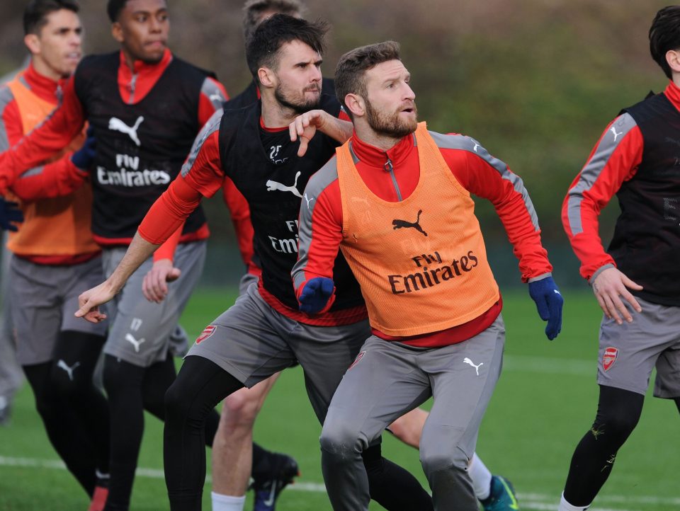 The Arsenal squad work on free-kicks and corners in training