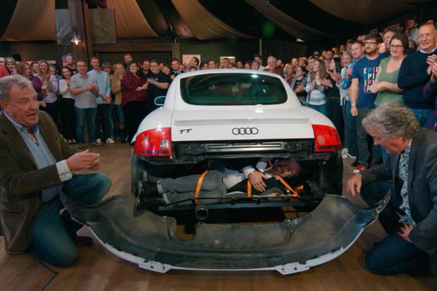  James May later removed the back bumper of the vehicle to reveal Hammond stuffed inside