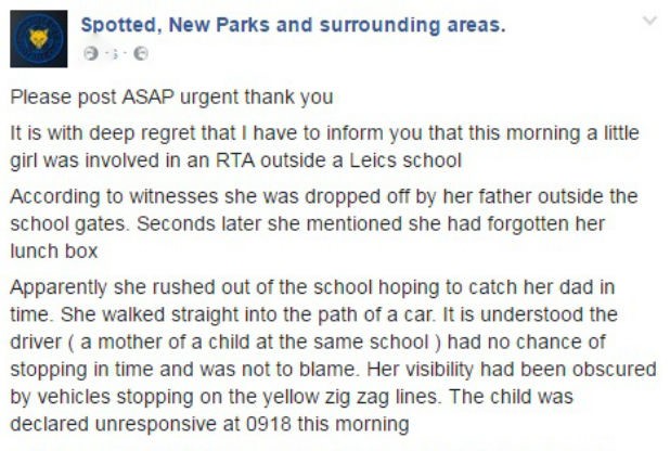  The post claimed the young girl had forgotten her lunch box and run back to her father's car to get it before being struck