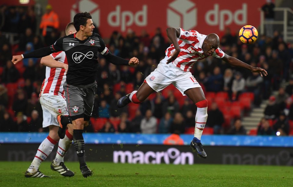 Jose Fonte of Southampton and Bruno Martins Indi of Stoke City battle to win a header