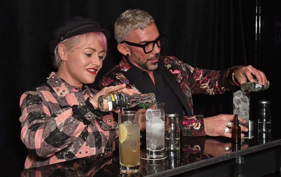 Pink-haired Jaime Winstone got stuck into the cocktail-making