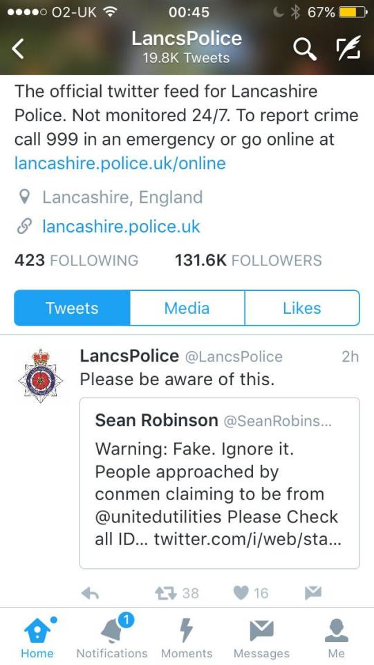  Lancashire Police said they re-tweeted the message in "good faith" from United Utilities