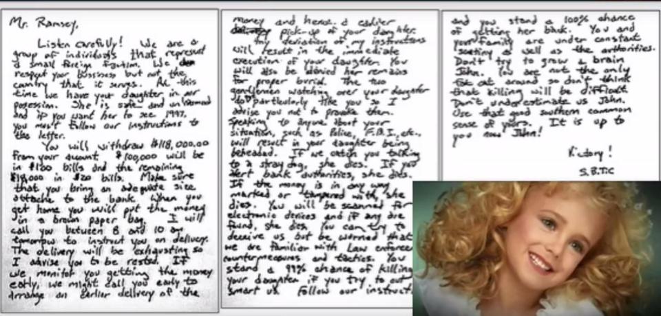  But 20 years after her death a handwriting expert claims the ransom note found next to her body was almost certainly written by her mother Patsy