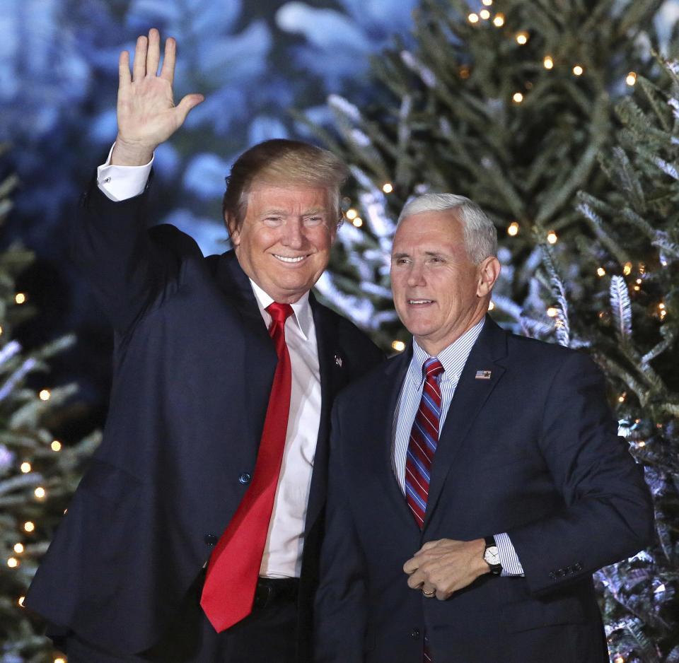  President-elect Donald Trump takes the stage with Vice President-elect Mike Pence