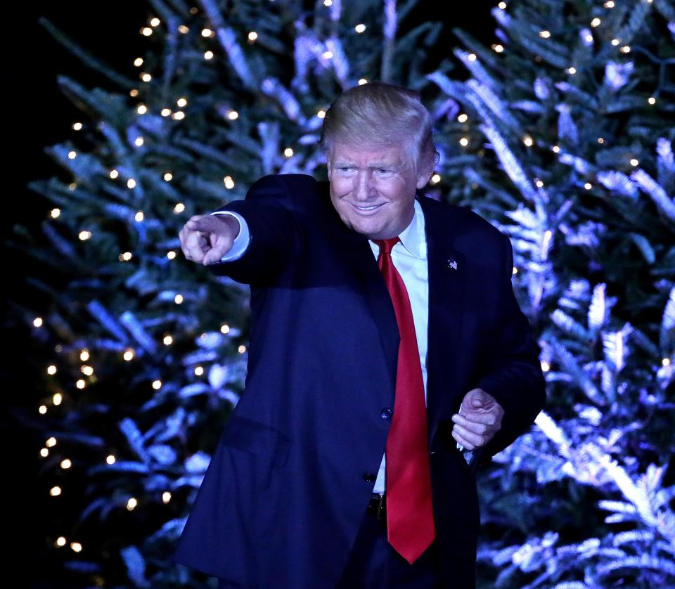  President-elect Donald Trump points to cheering supporters, in front of a backdrop of Christmas trees, at a rally in Orlando