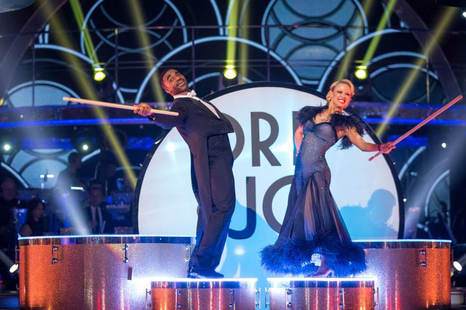  The couple's showdance had a classic feel and involved tricky footwork on various small stages shaped like drums