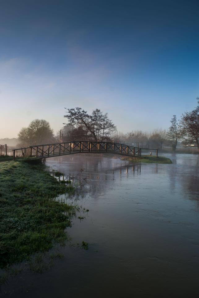  A bridge over a flooded field at Wey Navigation in Surrey is eerily beautiful