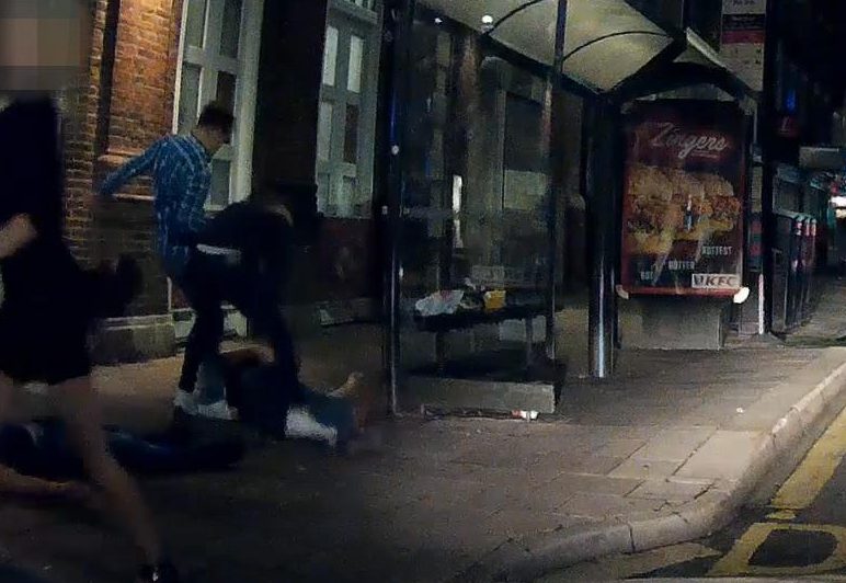  The violent duo can be seen kicking one of the victims on the ground in Colchester, Essex