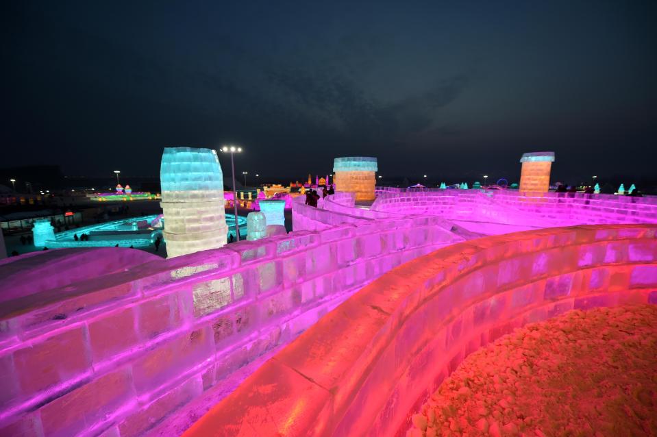 An ice Great Wall of China snakes among the other sculptures