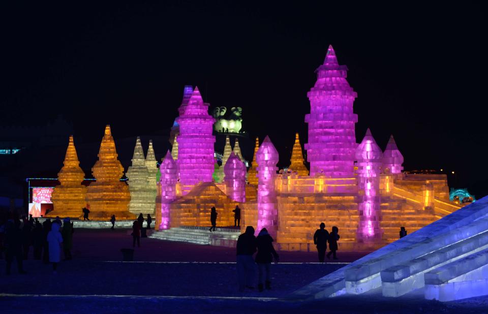 Expertly-placed lights are used to illuminate the ice