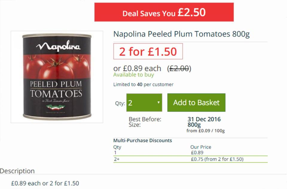  Buying two Napolina plum tomato tins for £1.50 means each tin is just 75p