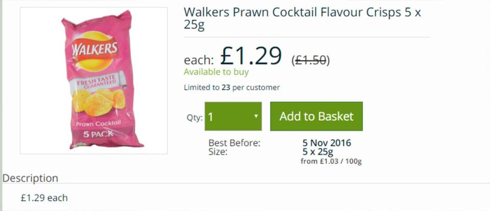  These Walkers prawn cocktail flavour crisps cost £1.29 for five packets, with the best before date November 5th 2016