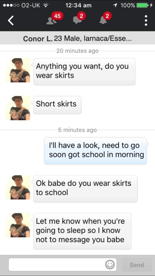  In one of the text messages, Lane asks the young girl about wearing short skirts