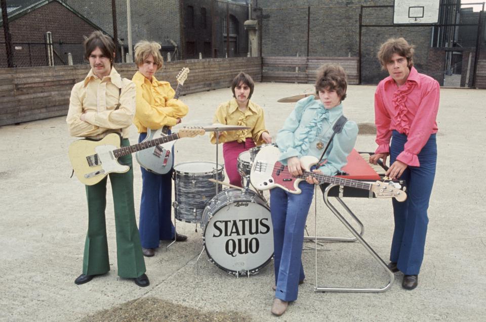  Quo, circa 1968. Left to right: Francis Rossi, Rick Parfitt, John Coghlan, Alan Lancaster and keyboard player Roy Lynes