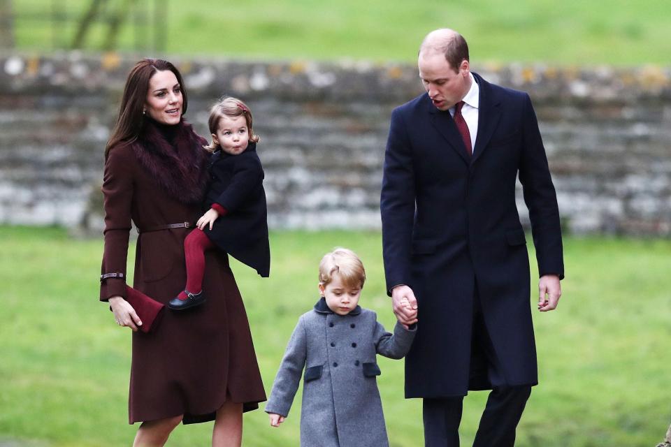  The Duke and Duchess of Cambridge arrive with Prince George and Princess Charlotte for a Sunday church service in Englefield, Berkshire, this morning