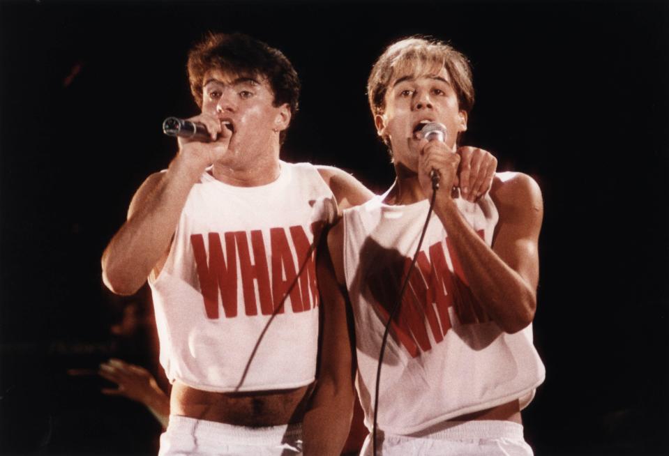  George Michael and Wham! bandmate Andrew Ridgely perform at Hammersmith Odeon