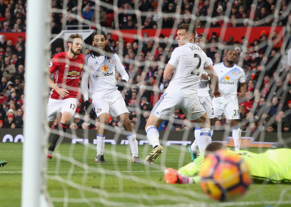 Daley Blind's low, hard driven shot goes in Jordan Pickford's far post to give United a 1-0 lead