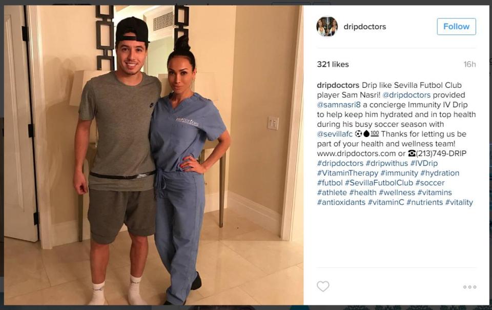  Footie ace Samir Nasri visited the LA clinic, where he was given an IV drip bv Jamila, who later posted this snap on Instagram