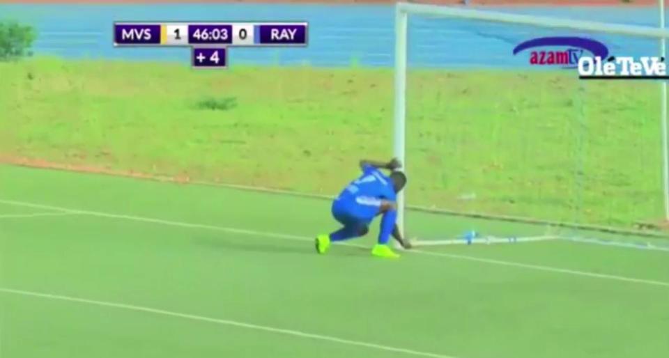 Mukura striker Moussa Camara looks to perform a small ritual on the opposition's goalpost