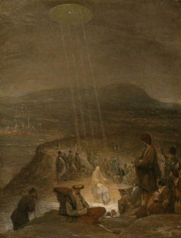  A diskc-shaped object appears to shine beams of light on John the Baptist and Jesus in this odd ancient painting