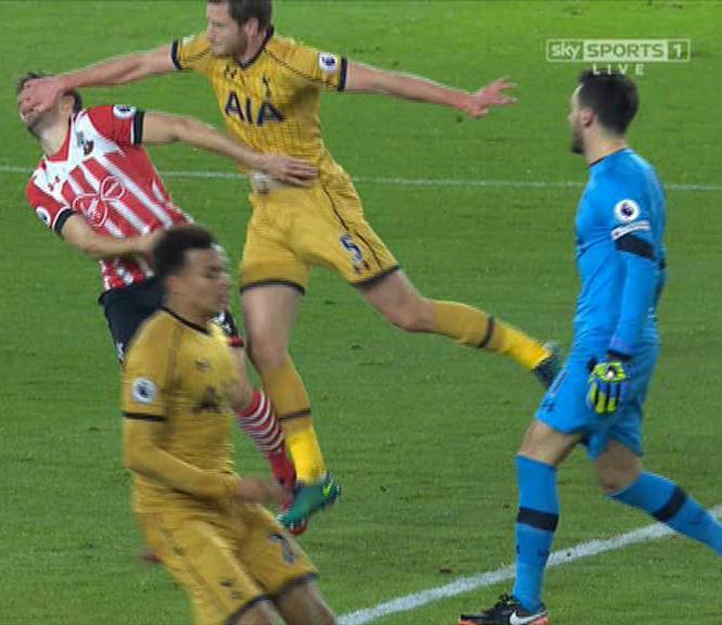 Wallop...Jan Vertonghen's hand lands on Jay Rodriguez's face