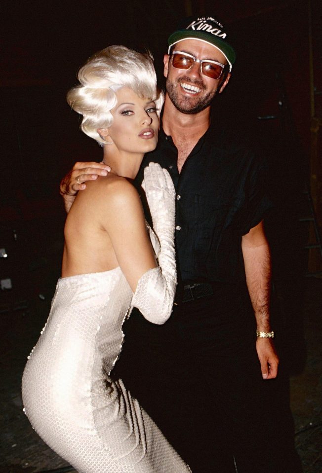  George pals around with supermodel Linda Evangelista during the Too Funky video shoot in Paris, France, in 1992