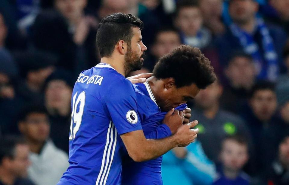 Diego Costa helps as emotional Willian after his second goal