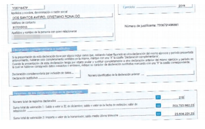 In this image released by Gestifute, Cristiano Ronaldo's 2015 tax form shows an income of more than £190m million in 2015