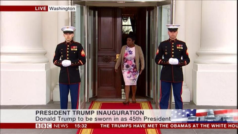  The BBC's coverage of Donald Trump's inauguration cut an interview short after the White House's doors moved