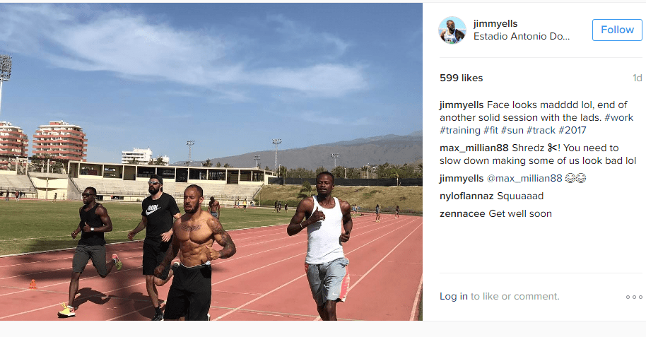 James Ellington (front) posted this picture of himself training in Tenerife hours before his horror crash. Nigel Levine, far-left, is joined by Martyn Rooney and Rabah Yousif