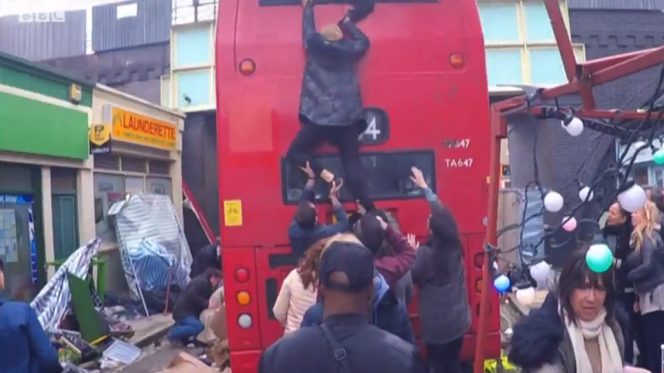  The bus passengers were evacuated out the rear window