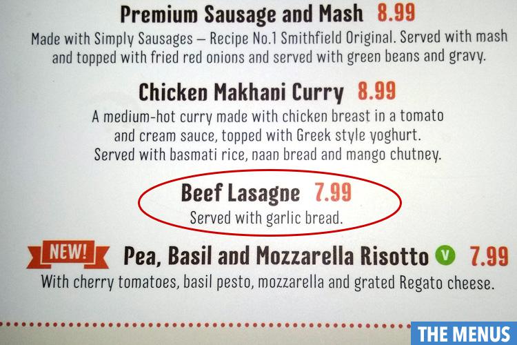  The beef lasagne dish listed for customers at a Whitbread diner