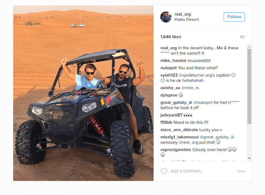  James Argent uploaded this picture from a lads' holiday in Dubai with the caption "Me and these N****** ain't the same' but he quickly dropped the 'N' after backlash from followers