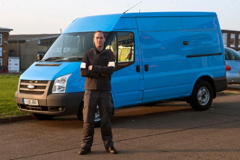  Gutted . . . driver and engineer Oliver with van that is banned from the estate