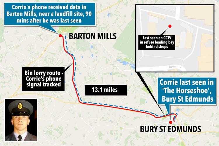  Map shows the last known movements of the RAF airman who was on a night out in Bury St Edmunds