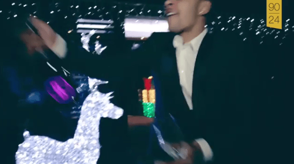 Depay then sprays out the Champagne in the festive outdoor area