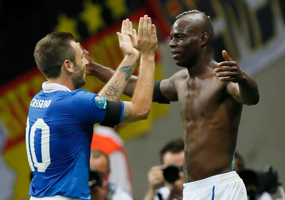  Cassano celebrates with former Liverpool striker Mario Balotelli