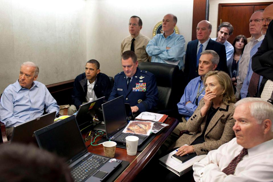  Barack Obama, Hillary Clinton and top advisers watch as the raid to kill bin Laden unfolds