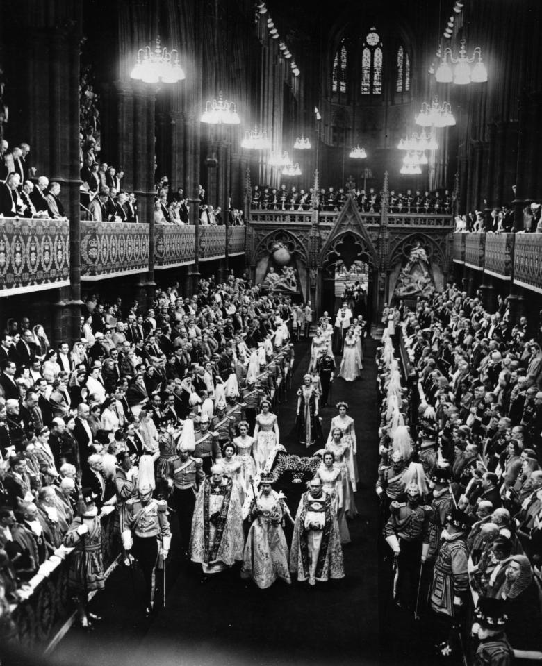  2nd June 1953: Queen Elizabeth II leads the state procession with her Maids of Honour after her Coronation in Westminster Abbey