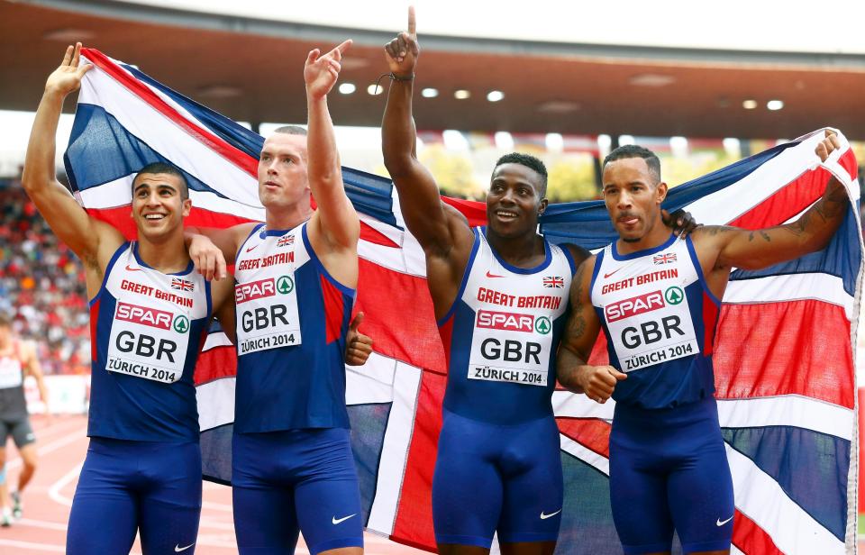 (L-R) Adam Gemili, Richard Kilty, Harry Akines-Aryeetey and James Ellington celebrate winning the men's 4 x 100 metres final during the European Athletics Championships 2014