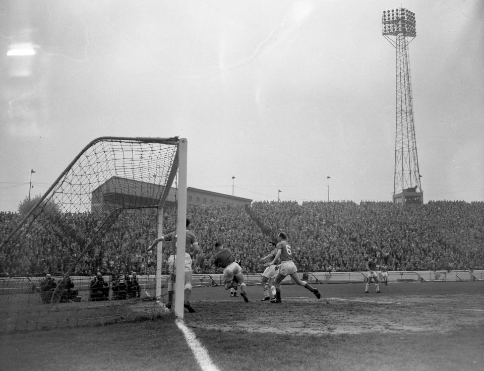  Jimmy Greaves scores one of his four goals for Chelsea in his last game before moving to AC Milan in 1961